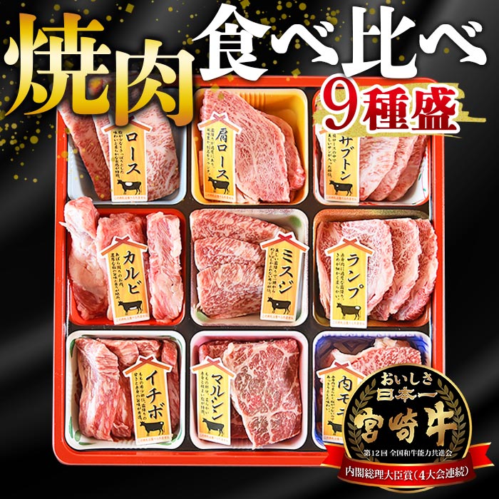 【ふるさと納税】＜宮崎牛焼肉9種盛（約630g）＞※入金確認後、翌月末迄に順次出荷します 牛肉 和牛 黒毛和牛 肩ロース モモ ウデ うで 赤身 霜降り 国産 食べ比べ バーベキュー 食べ比べ 株式会社エムツー 国富店 宮崎県 国富町【冷凍】