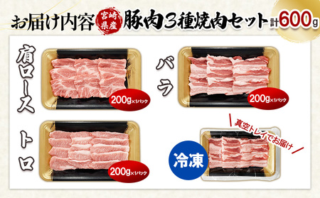 宮崎県産 豚肉 焼肉 3種食べ比べセット 600g (肩ロース・バラ・豚トロ 各200g) 真空小分けパック 冷凍 国産 送料無料
