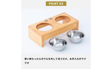 ペット用 フードボウル ダブル 食器台 ( 縦16cm × 横32cm × 高さ9cm ) ワンちゃんスタンプ  | ペット用品 木 木製 餌台 ボウル付 犬 いぬ 犬用 猫 ねこ 猫用 ペット ペッ