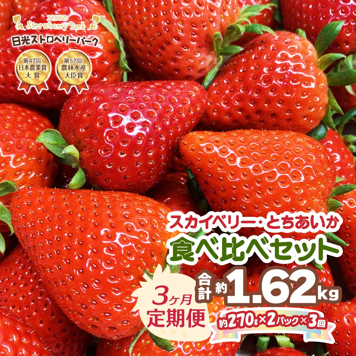 【ふるさと納税】[先行予約][定期便／3ヶ月] 計1620g プレミアム『スカイベリー』＆『とちあいか』 大粒から中粒のみ厳選 約270g×2P 計3回 日光ストロベリーパークの人気2品種｜スカイベリー とちあいか いちご イチゴ 苺 果物 日光産 [1032]