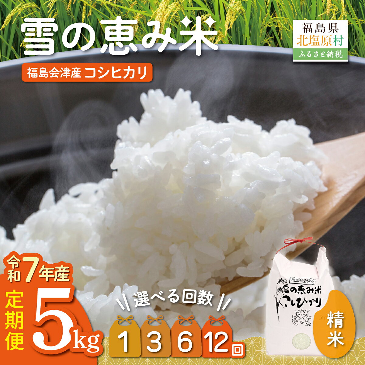 【ふるさと納税】【令和7年産】 【福島会津産】雪の恵み米こしひかり5kg 選べる配送回数 【 ふるさと納税 人気 おすすめ 米 精米 白米 5kg 国産 銘柄米 ブランド米 コシヒカリ 裏磐梯 会津 福島 北塩原村 送料無料 】 KBAJ005