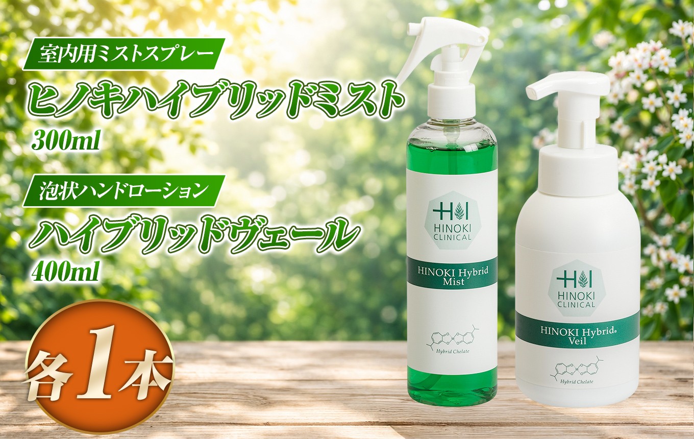 
                  室内用ミストスプレー ヒノキハイブリットミスト（300ml×1本）＆泡状ハンドローション ハイブリッドヴェール（400ml×1本）| 低アルコール処方 抗菌 抗ウイルス 霧状 屋内 泡状 手指用 詰め合わせ 静岡県 伊豆の国市
                