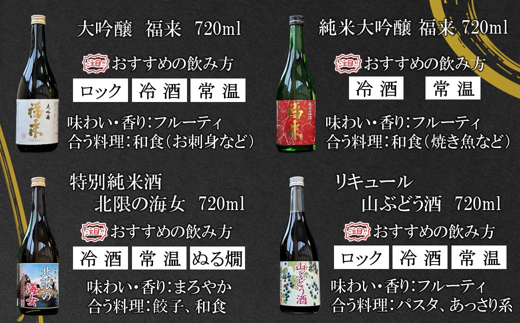 《 ７月発送分 》【蔵元直送】「 福来 満喫セット 720ml 4本詰合せ 」（日本酒 酒 さけ sake アルコール お祝い 縁起 大吟醸 純米大吟醸 特別純米酒 リキュール 山ぶどう酒 人気 おす