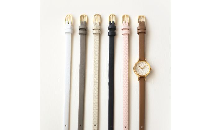 すみだ北斎美術館オリジナル 北斎 新形小紋帳 輪ちがい麻の葉 腕時計レディース ゴールド【リザード型押しピンク】