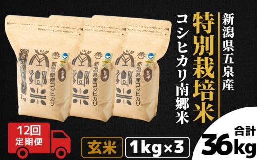 【令和6年産新米】 〈12回定期便〉 特別栽培米コシヒカリ 「南郷米」 玄米3kg（1kg×3袋）新潟県 五泉市 有限会社ファームみなみの郷