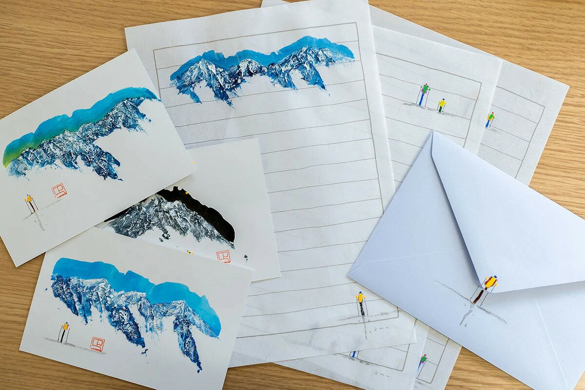 【ふるさと納税】HAKUBA Mountenレターセット | 便箋3通 封筒1枚 ポストカード3通 1点もの 手書き アーティスト メッセージカード 小谷村 ふるさと納税