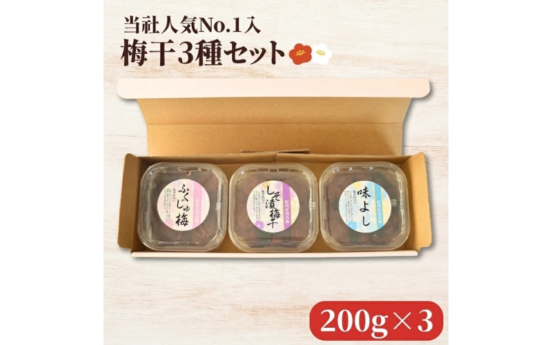 紀州南高梅 梅干3種 詰め合わせ[ふくじゅ梅・しそ漬梅干・かつお梅] 200g×3パック 塩分約10～11％ 【hjumys026】