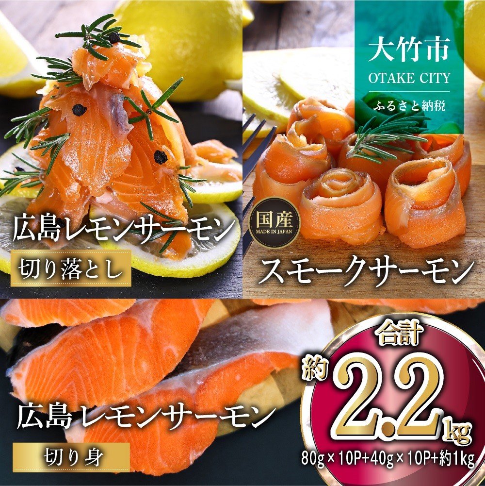 
            国産サーモン 詰め合わせセットB 約2.2kg [切り落とし (80g×10P)+スモークサーモン (40g×10P)+切り身 (約70g×3切れ×5P)] 小分け 広島レモンサーモン｜広島 ふるさと納税 特産品 グルメ 国産 サーモン レモンサーモン 高級 広島県産 美味しい お取り寄せ ギフト [1961]
          