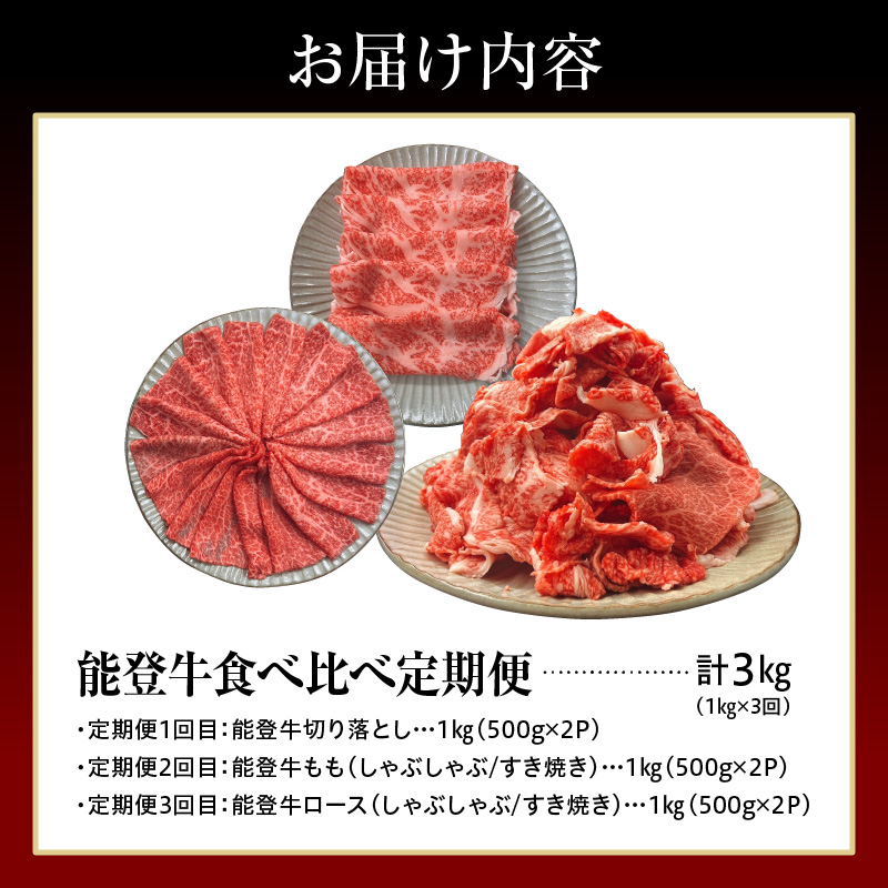【定期便 3か月】能登牛 食べ比べ（切り落とし / もも / ロース）（各1kg×3回）計3kg wa121-010