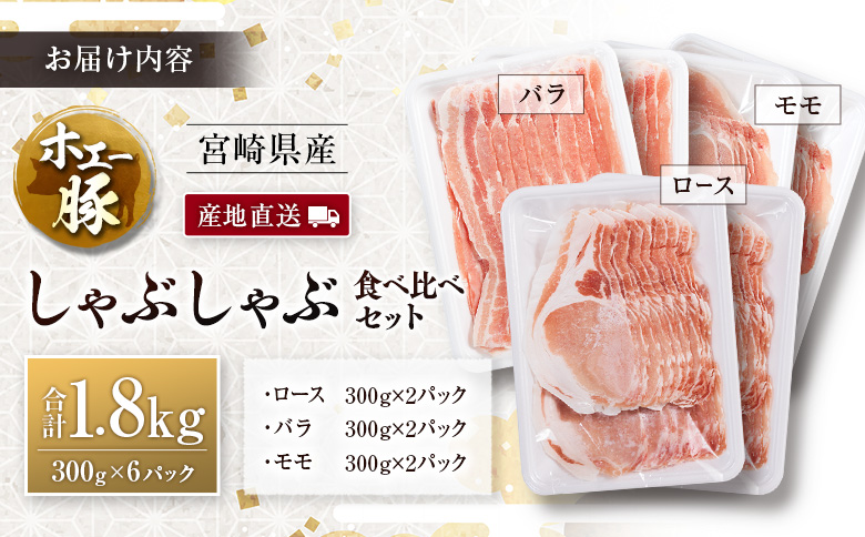産地直送 宮崎県産 ホエー豚 しゃぶしゃぶ 食べ比べ セット 合計1.8kg（300g×6パック）国産 豚肉 スライス 合計1.8kg（300g×6パック）