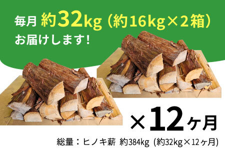 東濃ヒノキ薪 中割～大割 約32kg ( 約16kg×2箱 ) 計384kg 12回 12ヶ月 皮付き 中割 大割 薪ストーブ アウトドア キャンプ 焚火 暖炉 薪 まき 桧 ひのき ヒノキ 雑貨 日