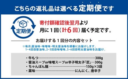 【6ヶ月定期便】 毎月違う味をお届け！博多もつ鍋3人前（醤油味・味噌味・明太醤油味） 1ヶ月毎 6回 牛もつ 牛小腸 牛肉 お肉 ちゃんぽん麺 チャンポン麵 