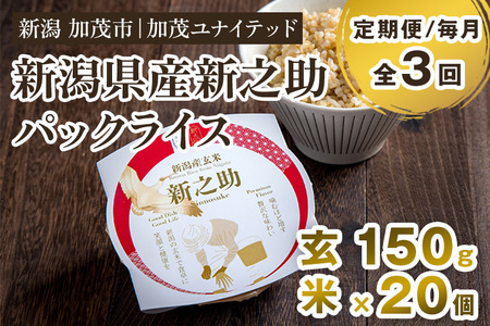 【定期便3ヶ月毎月お届け】新潟県産 新之助 玄米パックライス（150g×20個入） 新潟産米 自宅で簡単 パックごはん 時短 贈り物にも ブランド米 加茂市 加茂ユナイテッド  米 米 米 米 米 米