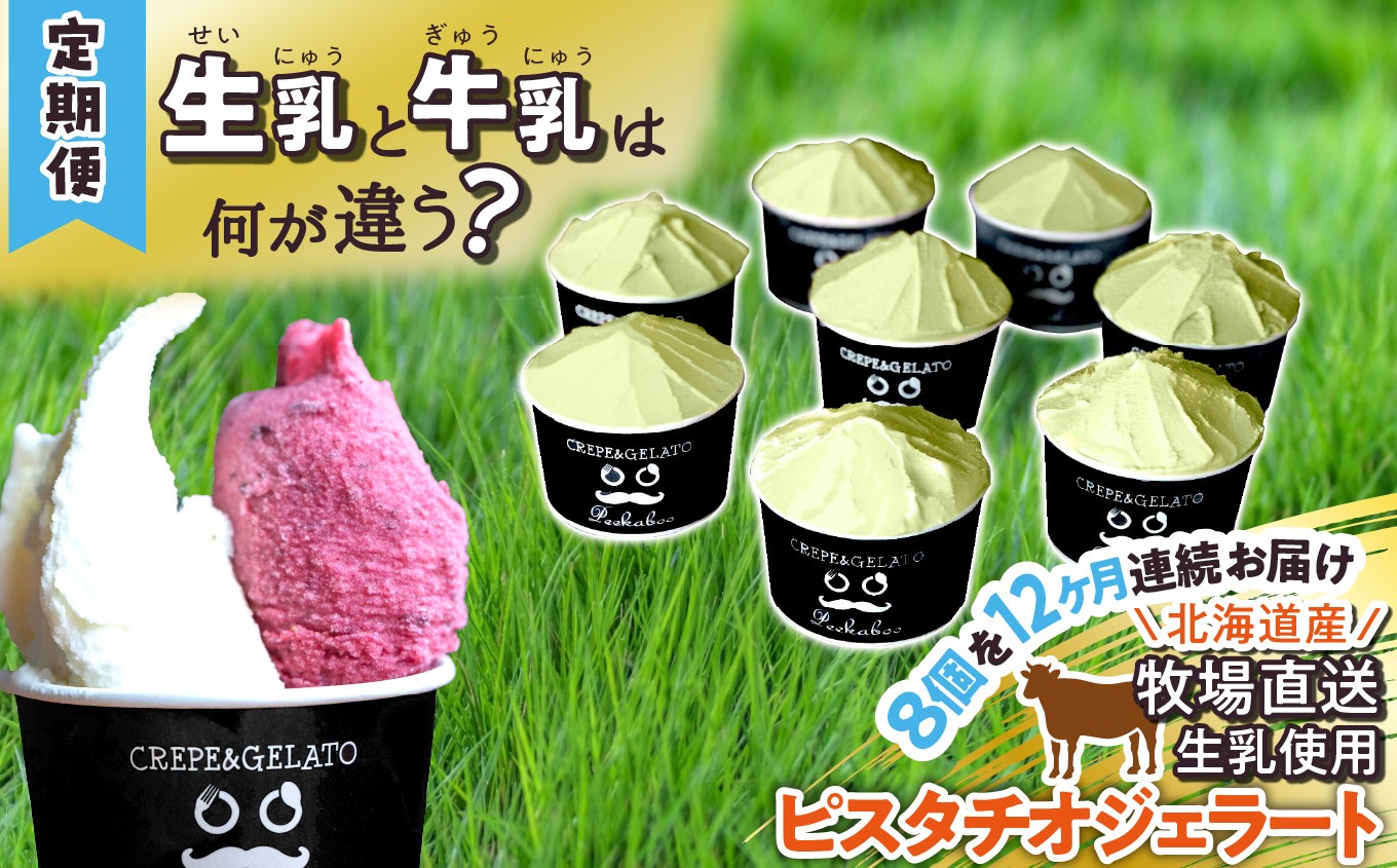 
                  ＜ 12ヶ月 定期便 ＞ 北海道産 生乳 ジェラート アイス 毎月 8個 ピスタチオ 詰め合わせ
                