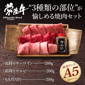 肉 常陸牛 A5 極上焼肉3品盛り合わせ 計600g 木箱入り 特製タレ付き セット（DU-2）