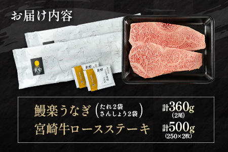 鰻楽 国産うなぎ 2尾 計360g ＆ 宮崎牛 ロースステーキ 250g×2枚 計500g 肉質等級4等級 国産 人気 おすすめ【C129-2510-90】