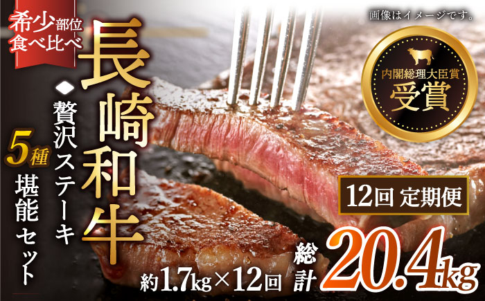 
            【全12回定期便】長崎和牛 贅沢 ステーキ 5種 シャトーブリアン含む 食べ比べ 堪能セット ステーキ 黒毛和牛 赤身 厳選 ヒレ 和牛 牛肉 ステーキ 焼肉 シャトーブリアン 赤身肉 和牛 ひれ 国産 すてーき 肉 長崎和牛 バーベキュー ランキング 人気 おすすめ 黒毛 極上 高級 希少 長崎和牛 長崎 九州計20.4kg （約1.7kg/回）【黒牛】 [QBD070]
          