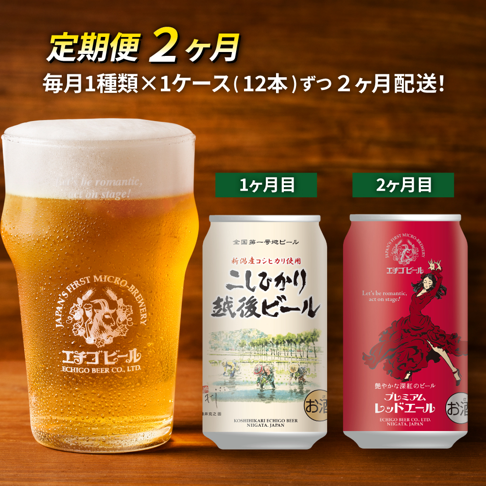 【定期便2ヶ月】エチゴビール【1ヶ月目】こしひかり越後ビール350ml缶×12本【2ヶ月目】プレミアムレッドエール350ml缶×12本 地ビール ビール 全国第一号 クラフトビール 350ml 12本 お酒 酒 人気 新潟 定期便 2回 お楽しみ