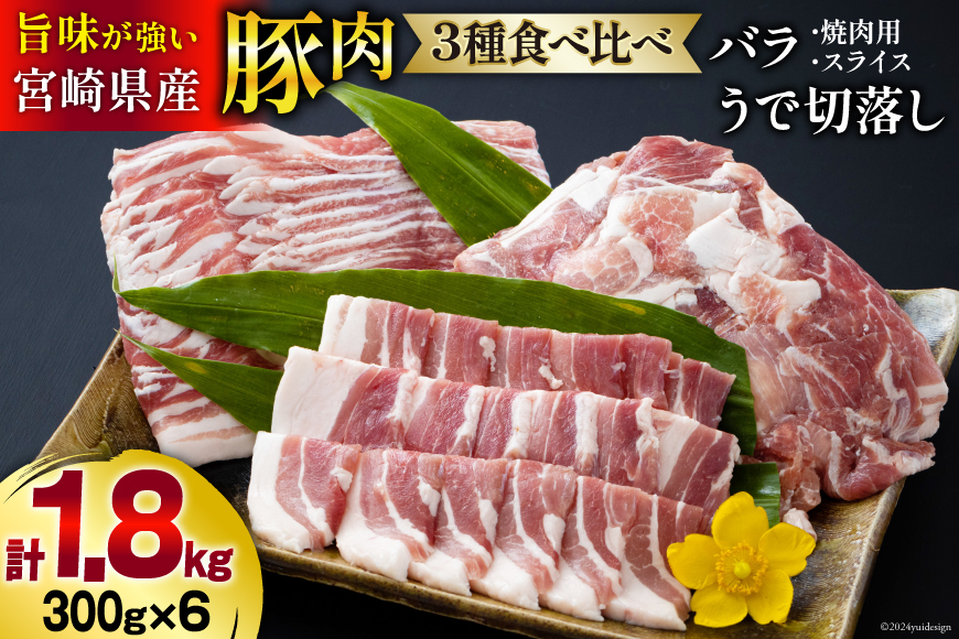 豚肉 豚バラ 焼肉用 スライス ウデ 切落し 食べ比べ セット 各300g×2 合計1.8kg [甲斐精肉店 宮崎県 美郷町 31as0086] 肉 豚 冷凍 薄切り 切り落とし 小分け 詰め合わせ