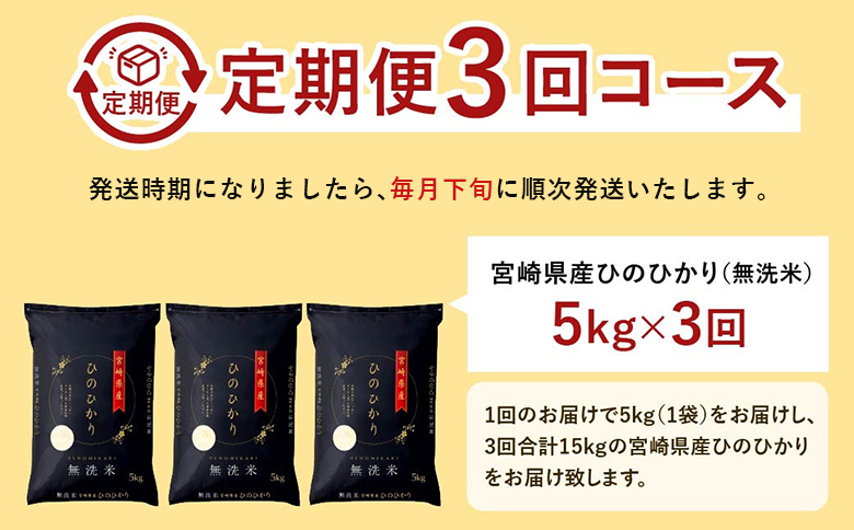 【3か月定期便】無洗米 ＜チャック付＞ 新米 国産 令和8年産 ひのひかり ヒノヒカリ 5kg×3回 宮崎県産 お米 白米 おすすめ 簡単 ご飯 弁当 精米 おにぎり