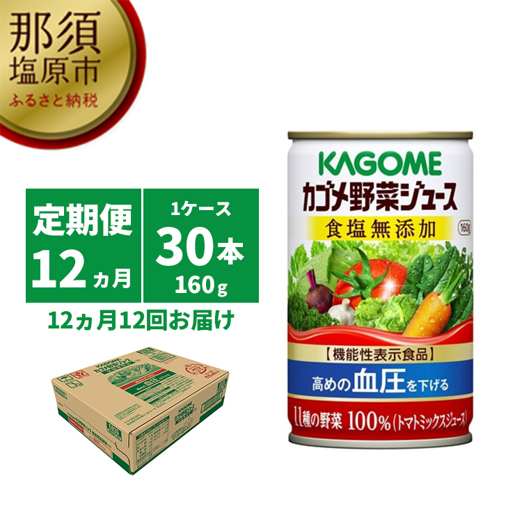 ns001-022　【定期便12ヵ月】カゴメ　野菜ジュース　食塩無添加　160g缶×30本 1ケース 毎月届く 12ヵ月 12回コース【 栃木県 那須塩原市 】