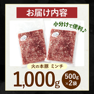 【定期便3回】火の本豚 ミンチ 1000g（500g×2） | 熊本県 和水町 くまもと なごみまち 豚肉 肉 ミンチ ブランド肉 地域ブランド 火の本豚 1kg 500g 2パック 定期 3回 毎月