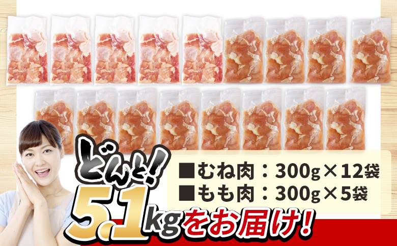＜宮崎県産若鶏切身身5.1kg（むね肉300g×12袋 もも肉300g×5袋）＞3か月以内に順次出荷【 鶏肉 詰め合わせ セット からあげ 唐揚げ カレー シチュー BBQ 煮物 チキン南蛮 小分け 