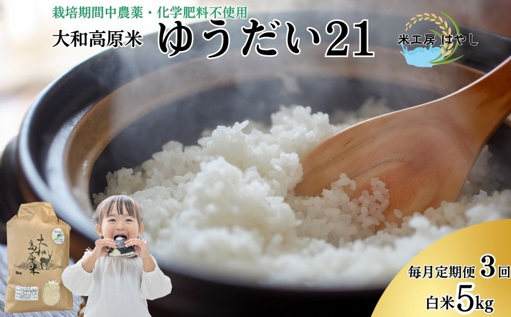 
            ＜先行予約＞【毎月定期便3回】令和7年宇陀市産 ゆうだい21 白米5kg 栽培期間中無農薬・無化学肥料米 12月上旬〜出荷予定/  ふるさと納税 米 こめ お米 精米済 ブランド 美味しい 人気 おすすめ 奈良県 宇陀市 米工房はやし
          