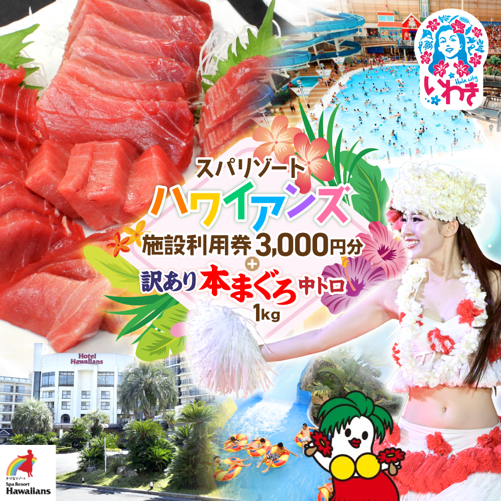 スパリゾートハワイアンズ　施設利用券3,000円分＋本マグロ訳あり中トロ1kg　解凍レシピ付　本マグロのトロ食べ放題！ | 利用チケット 入場券 ホテルハワイアンズ モノリスタワー ウイルポート フラダンス プール スパ 福島県 いわき市 マウナヴィレッジ ゴルフコース 株式会社東日本貿易 本まぐろ マグロ トロ 刺し身 さしみ 海鮮 | ZZ023