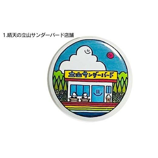 TV番組「夜の巷を徘徊する」紹介店 癒しのオリジナル イラスト 缶バッジ 5個 セット 立山サンダーバード 雑貨 日用品 ポップアート カラフル ホタルイカ 白えび 雷鳥 富山県 立山町 F6T-42