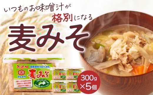 
            麦 みそ 味噌 300g × 5パック 甘口 無添加 生 仕込み 味噌 減塩 食物繊維 麹 非加熱 処理 樽 酵母 汁 朝 ごはん ご飯 お米 和食 みそ汁 魚 常温 国産 お取り寄せ 蔵元 直送 マルマサ醤油 愛媛県 愛南町 
          
