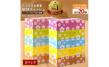 【定期便】【全10箱/1回あたり】ティッシュペーパー  プラムファッション BOXティッシュ　5箱×2パック(合計10個) 「定期便 3ヶ月ごと×全2回」