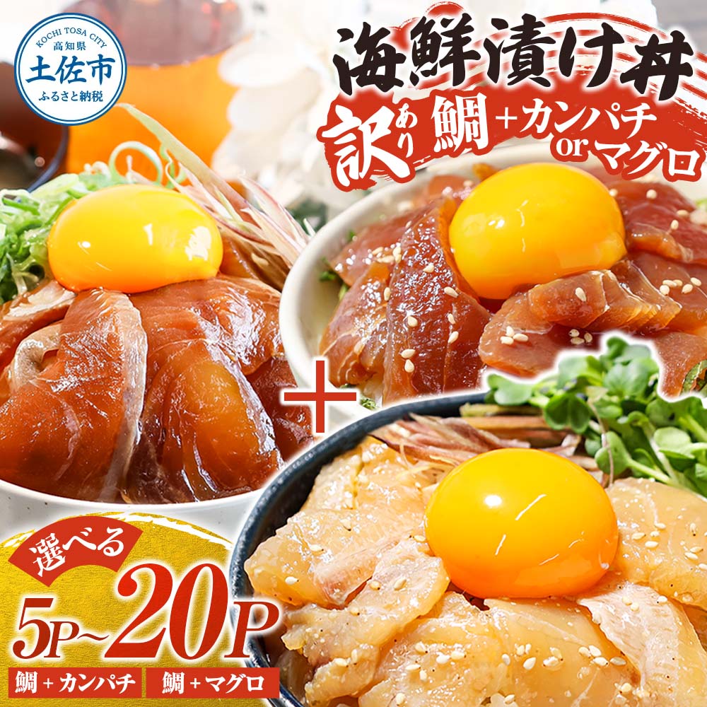 【ふるさと納税】訳あり 海鮮漬け丼セット 鯛 タイ カンパチ マグロ 5パック 10パック 20パック 漬け丼 漬け魚 海鮮 海鮮丼 醤油漬け 訳アリ わけあり 不揃い 規格外 人気 白身魚 食べ比べ 海鮮 魚 冷凍 食品 保存食 小分け 一人暮らし 簡単 高知 鯛めし 惣菜 ふるさと納税