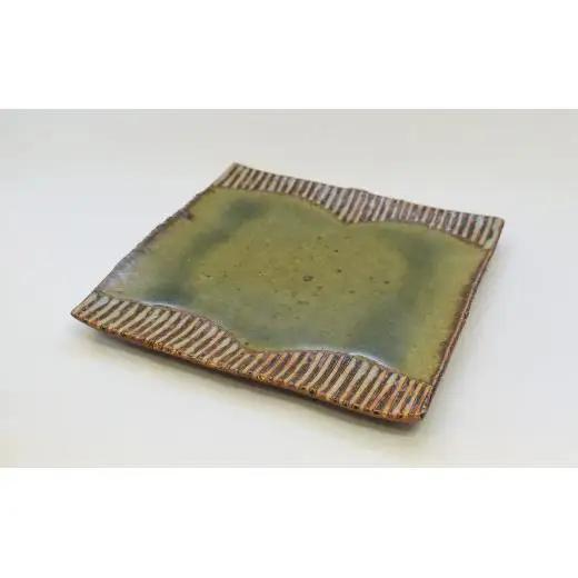 釉彩角皿 2枚セット ライン模様 和食器 お皿 陶芸品《受注制作》皿 中皿 正方形 和食器 おすすめ プレート パスタ皿 サラダ皿 食器 おしゃれ モダン 陶芸 陶器 陶芸作家