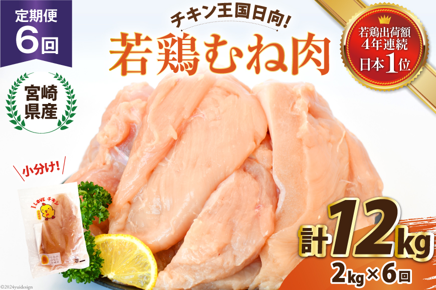 鶏肉 6回 定期便 宮崎県産 若鶏 むね肉 2kg 計 12kg [エム・ティ・シー 宮崎県 日向市 452061042] 小分け むね ムネ肉 胸 冷凍 肉 宮崎