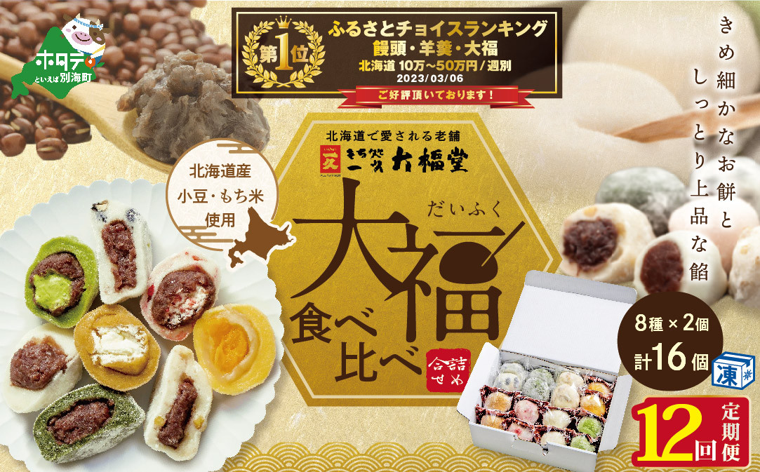 
                  御礼！ランキング第１位獲得！【定期便】一久大福堂 食べ比べ大福セット 8種×各2個 【12回配送】（ふるさと納税 和菓子 大福 ふるさと納税 大福 菓子 お菓子 わがし だいふく あんこ 詰合せ 詰め合わせ 北海道産小豆 ふるさとチョイス ふるさと納税 仕組み キャンペーン 限度額 計算 ランキング やり方 シミュレーション チョイス チョイスマイル ）
                