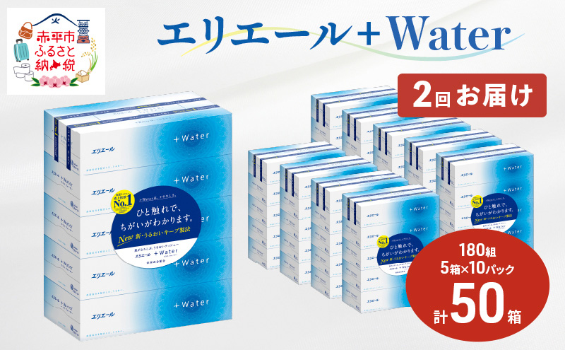 【2回お届け・計100箱】エリエール ＋Water 180組 5箱×10パック ティッシュペーパー 箱ティッシュ ボックスティッシュ 日用品 消耗品 保湿成分配合 やわらか 定期便 福祉用品 雑貨 
