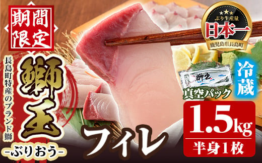 
【数量限定：ご愛顧感謝】長島町特産「鰤王」フィレ(約1.5kg・フィレ1枚)【JFA】jfa-1131
