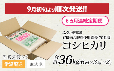 【無洗米】【定期便6ヶ月連続】【先行予約】令和6年産 新米 ふくい東郷米 特別栽培米 農薬70％減 コシヒカリ 6kg(3kg×2袋)×6ヶ月 合計36kg[J-020023_04]