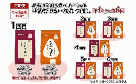 食べ比べセット ゆめぴりか 喜ななつぼし 北海道産 無洗米 食べ比べセット【各2kg 計4kg】【定期便 全6回】