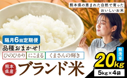 【隔月6回定期便】米  南関町 単一原料米 (ひのひかりorにこまるorくまさんの輝き) 無洗米 20kg《お申込み翌月から出荷》熊本県産 国産 ひのひかり 無洗米 こめ コメ 20キロ