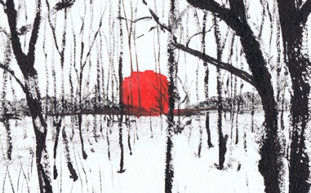 北海道釧路町の大自然 墨と水彩絵具の絵画「原野に沈む夕日」1枚_北海道 釧路町の 大自然 Mナオキオリジナル 作品 北海道 釧路町 釧路超 特産品 _【1370283】