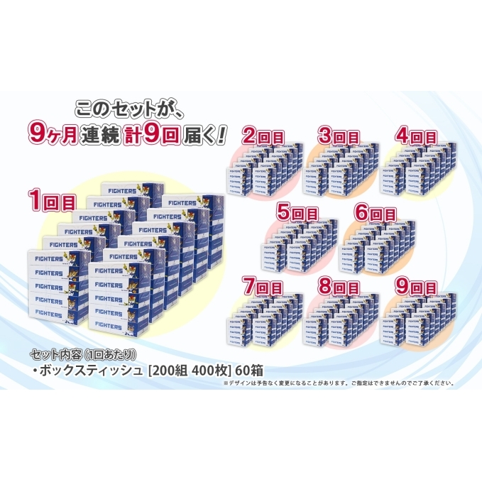 定期便 9ヵ月 連続9回 北海道 日本ハムファイターズ ボックスティッシュ 200組 60箱 日本製 まとめ買い リサイクル 紙 防災 常備品 消耗品 生活必需品 大容量 備蓄 ティッシュ ペーパー 