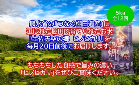 【新米定期便】令和7年産土佐天空の郷 ヒノヒカリ 5kg 毎月お届け全12回 農林水産省の「つなぐ棚田遺産」に選ばれた棚田で育てられた棚田米