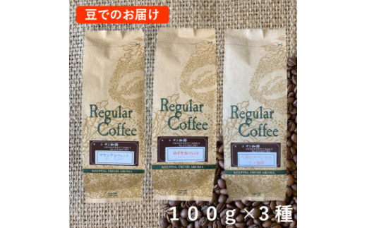 
豆100g×3　自家焙煎直送　ロイヤルB・マウンテンB・今月のスペシャルティ珈琲の詰め合わせセット　【コーヒー コーヒー豆　サン珈琲　しっかりしたコク　甘み　ロイヤルブレンド 大阪府 松原市 】
