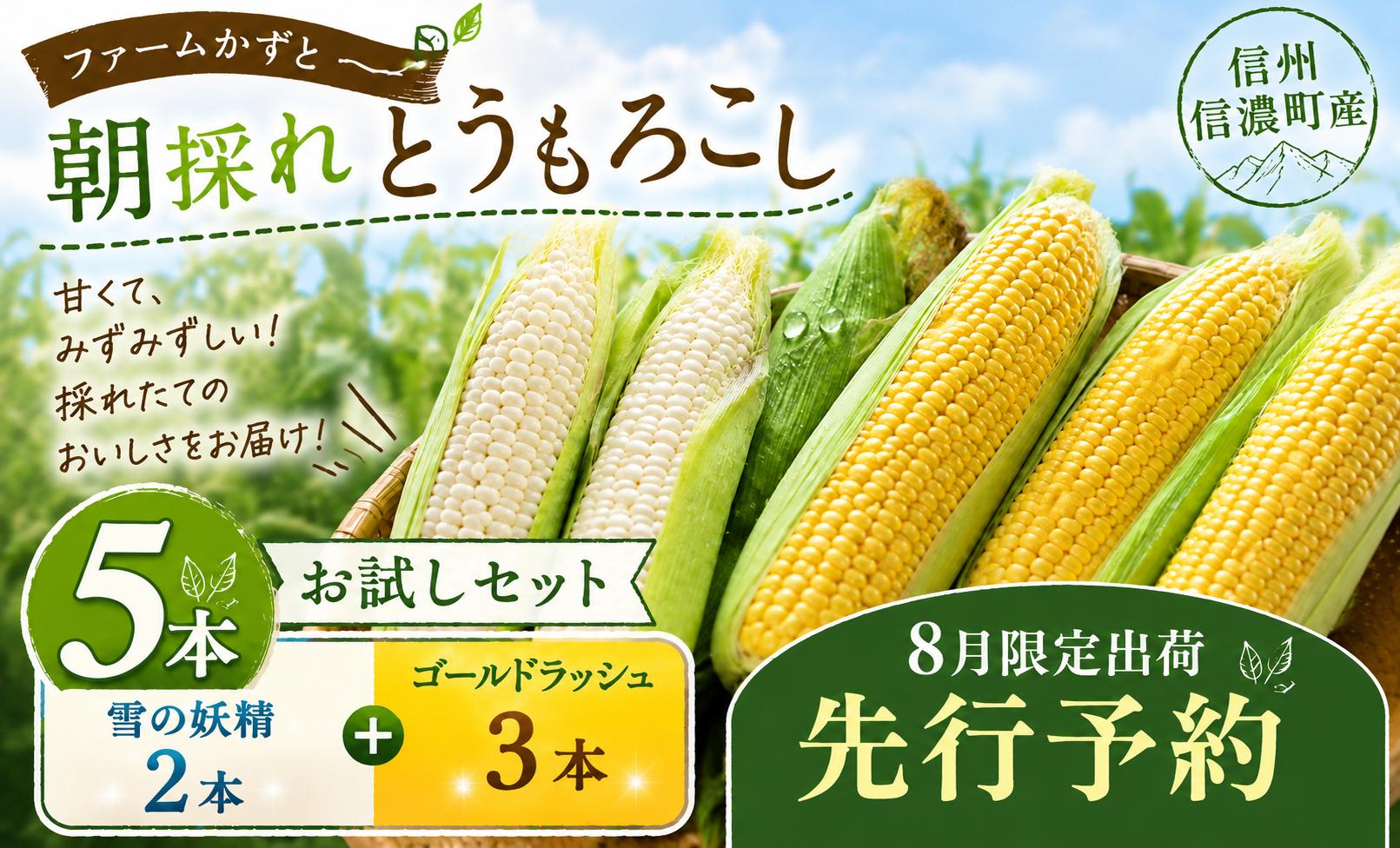 
                  《先行予約》ホワイトコーン｢雪の妖精｣イエローコーン｢ゴールドラッシュ｣ 5本セット 生で食べられる とうもろこし 令和8年8月限定出荷 ファームかずと【長野県信濃町ふるさと納税】
                