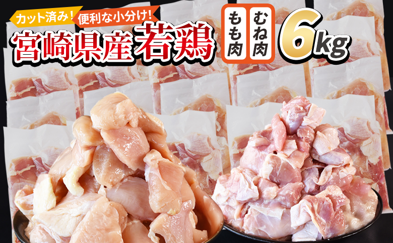 ＜宮崎県産若鶏切身 6kg（むね肉 300g×10袋 もも肉 300g×10袋）＞ 3か月以内に順次出荷 【 セット 詰め合わせ からあげ 唐揚げ カレー シチュー BBQ 煮物 チキン南蛮 小分け おかず おつまみ お弁当 惣菜 時短 炒め物 簡単料理 】