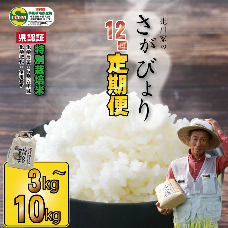 【ふるさと納税】【定期便】 【先行予約】令和7年産 (12ヶ月連続お届け) 佐賀県認定 特別栽培米 さがびより 北川農産直送 お米の定期便 選べる 内容量（12回） 一等米 精米 白米 ブランド米 お米 白飯 人気 ランキング 高評価 【Q132-003】