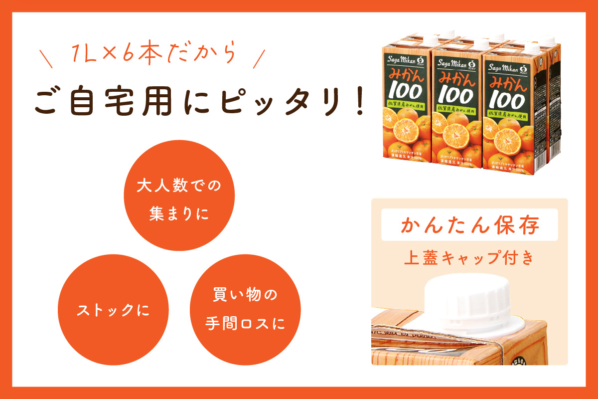 【佐賀県産温州みかん使用】 みかんジュース さがみかん100　1L×6本 果汁100% A042_イメージ5