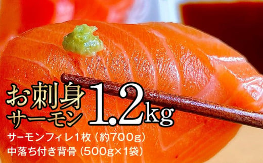 お刺身サーモン　1.2kg【サーモンフィレ1枚（約700g）、中落ち付き背骨（500g×1袋）】【魚 お魚 さかな 食品 人気 おすすめ 送料無料】